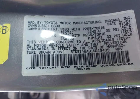2001 Toyota Sequoia Limited V8 from USA, damaged, VIN 5TDBT48A81S042435